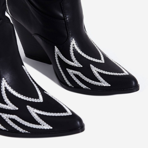 New Slouch Flame Embroidered Over The Knee Western Cowboy Cowgirl Boots Pull On - Picture 7 of 8